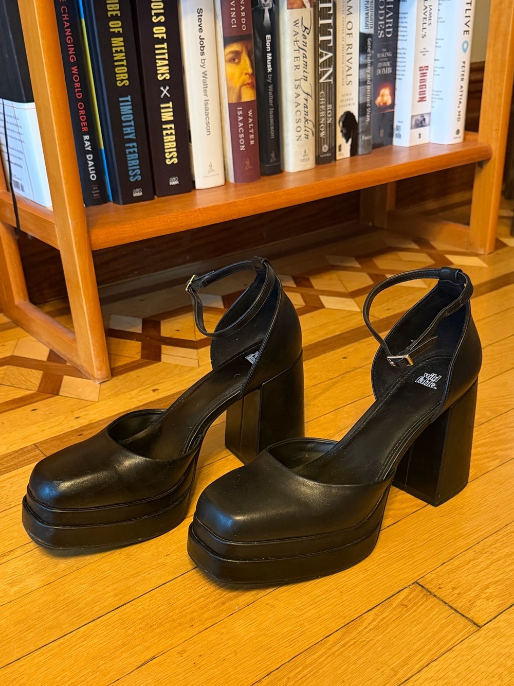 Black Platform Block Heels with Ankle Strap